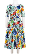 Amanda Dress Boat Neck 1/2 Sleeve Midi Length Cotton Musola (Watercolor Fruits)