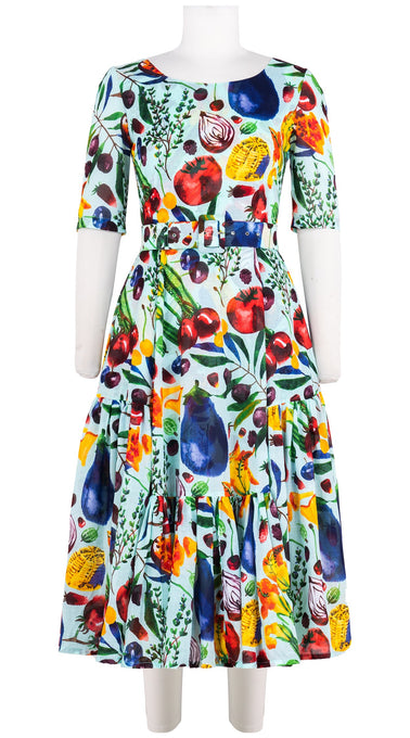 Amanda Dress Boat Neck 1/2 Sleeve Midi Length Cotton Musola (Watercolor Fruits)