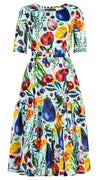 Amanda Dress Boat Neck 1/2 Sleeve Midi Length Cotton Musola (Watercolor Fruits)