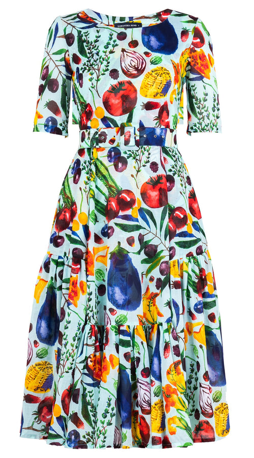 Amanda Dress Boat Neck 1/2 Sleeve Midi Length Cotton Musola (Watercolor Fruits)