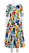 Amanda Dress Boat Neck 1/2 Sleeve Midi Length Cotton Musola (Watercolor Fruits)