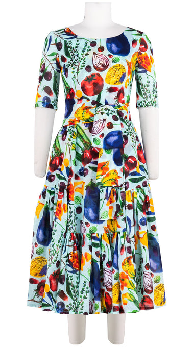 Amanda Dress Boat Neck 1/2 Sleeve Midi Length Cotton Musola (Watercolor Fruits)