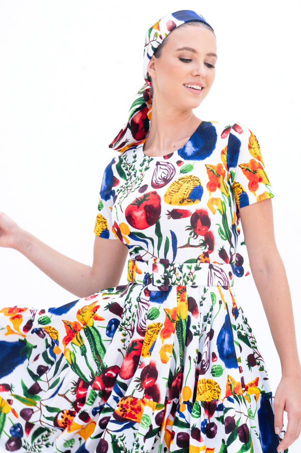 Rose Dress Crew Neck Short Sleeve Cotton Stretch (Watercolor Fruits)