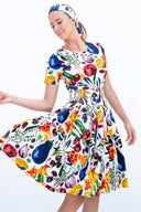 Rose Dress Crew Neck Short Sleeve Cotton Stretch (Watercolor Fruits)