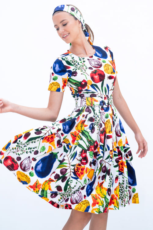 Rose Dress Crew Neck Short Sleeve Cotton Stretch (Watercolor Fruits)