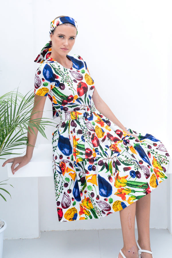 Rose Dress Crew Neck Short Sleeve Cotton Stretch (Watercolor Fruits)