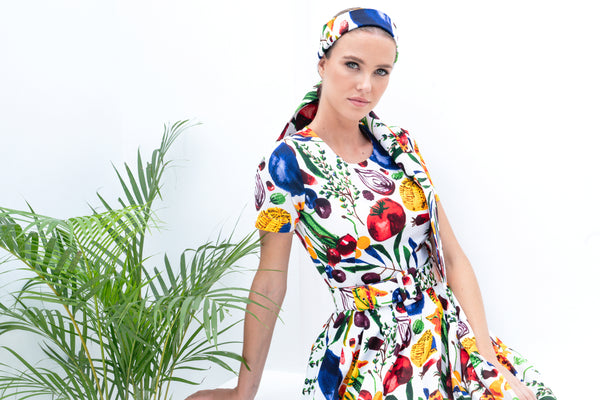 Rose Dress Crew Neck Short Sleeve Cotton Stretch (Watercolor Fruits)