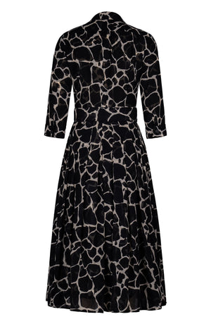 Audrey Dress #4 Shirt Collar 3/4 Sleeve Midi Length Wool (Watercolor Giraffe) - Ivory Black
