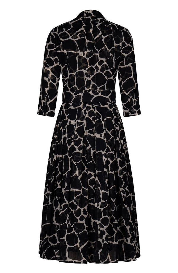 Audrey Dress #4 Shirt Collar 3/4 Sleeve Midi Length Wool (Watercolor Giraffe) - Ivory Black