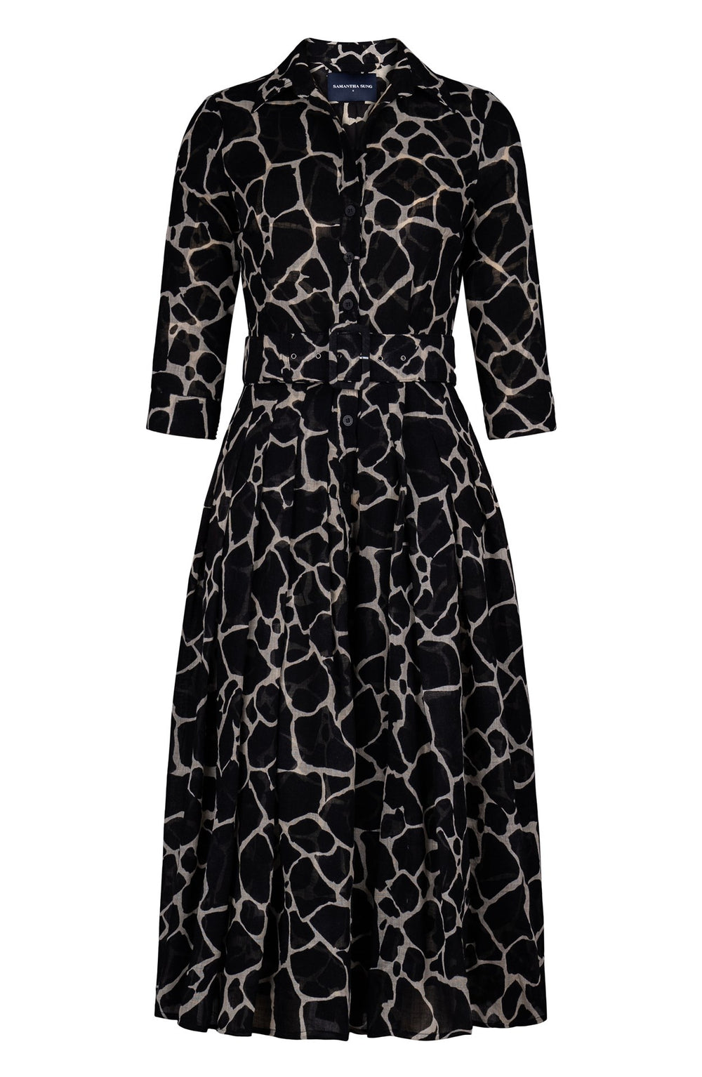 Audrey Dress #4 Shirt Collar 3/4 Sleeve Midi Length Wool (Watercolor Giraffe) - Ivory Black