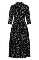 Audrey Dress #4 Shirt Collar 3/4 Sleeve Midi Length Wool (Watercolor Giraffe) - Ivory Black