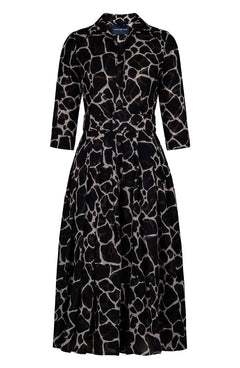Audrey Dress #4 Shirt Collar 3/4 Sleeve Midi Length Wool (Watercolor Giraffe) - Ivory Black