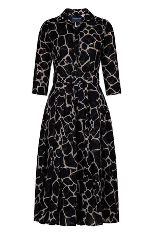 Audrey Dress #4 Shirt Collar 3/4 Sleeve Midi Length Wool (Watercolor Giraffe) - Ivory Black