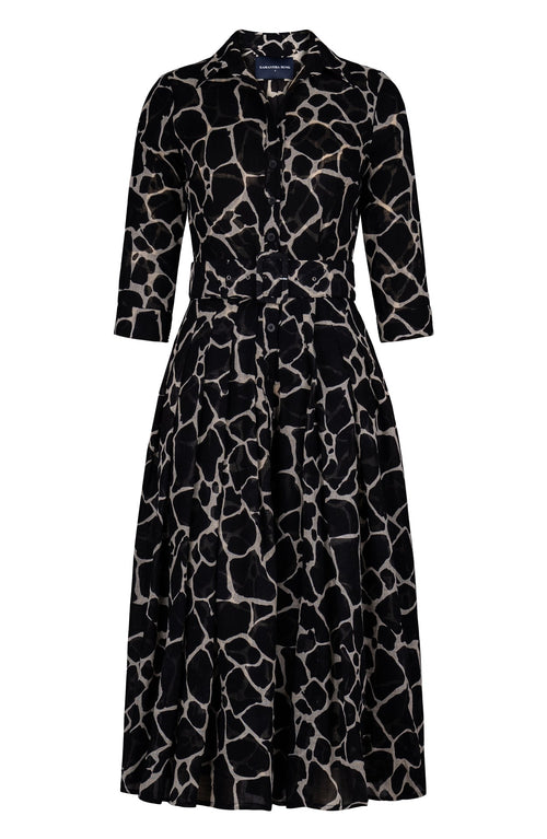 Audrey Dress #4 Shirt Collar 3/4 Sleeve Midi Length Wool (Watercolor Giraffe) - Ivory Black