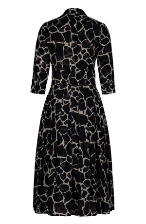 Audrey Dress #4 Shirt Collar 3/4 Sleeve Midi Length Wool (Watercolor Giraffe) - Ivory Black