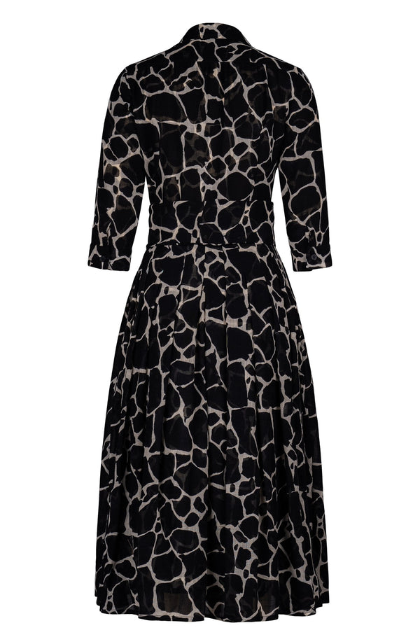 Audrey Dress #4 Shirt Collar 3/4 Sleeve Midi Length Wool (Watercolor Giraffe) - Ivory Black