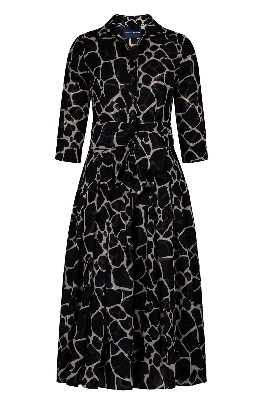 Audrey Dress #4 Shirt Collar 3/4 Sleeve Midi Length Wool (Watercolor Giraffe) - Ivory Black