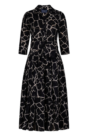 Audrey Dress #4 Shirt Collar 3/4 Sleeve Midi Length Wool (Watercolor Giraffe) - Ivory Black
