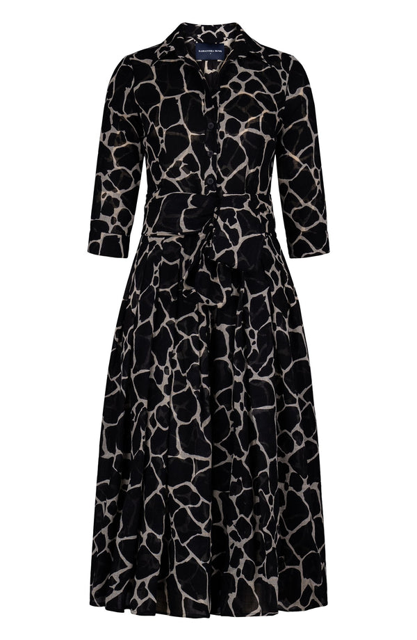 Audrey Dress #4 Shirt Collar 3/4 Sleeve Midi Length Wool (Watercolor Giraffe) - Ivory Black