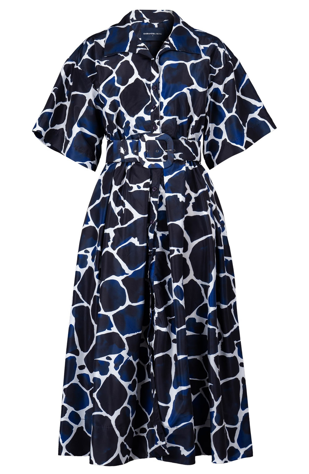 Helena Dress Shirt Collar 3/4 Sleeve Midi Plus Length Poliamide Taffta (Watercolor Giraffe)
