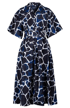 Helena Dress Shirt Collar 3/4 Sleeve Midi Plus Length Poliamide Taffta (Watercolor Giraffe)