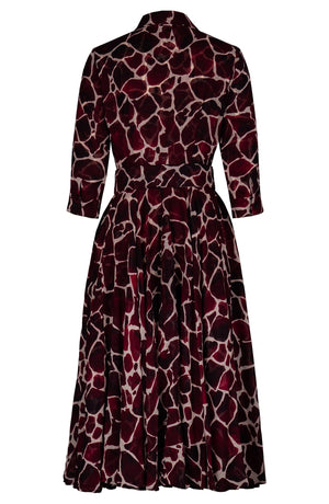 Aster Dress Shirt Collar 3/4 Sleeve Midi Length Wool (Watercolor Giraffe) - Ivory Burgundy