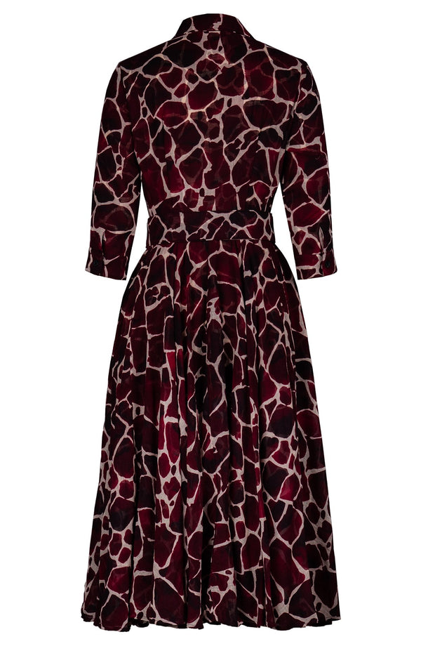 Aster Dress Shirt Collar 3/4 Sleeve Midi Length Wool (Watercolor Giraffe) - Ivory Burgundy