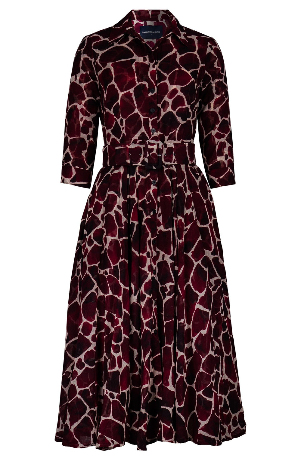 Aster Dress Shirt Collar 3/4 Sleeve Midi Length Wool (Watercolor Giraffe) - Ivory Burgundy