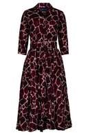 Aster Dress Shirt Collar 3/4 Sleeve Midi Length Wool (Watercolor Giraffe) - Ivory Burgundy