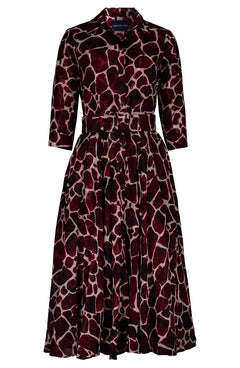 Aster Dress Shirt Collar 3/4 Sleeve Midi Length Wool (Watercolor Giraffe) - Ivory Burgundy
