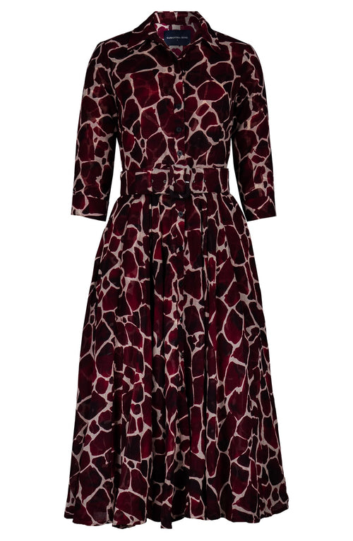 Aster Dress Shirt Collar 3/4 Sleeve Midi Length Wool (Watercolor Giraffe) - Ivory Burgundy