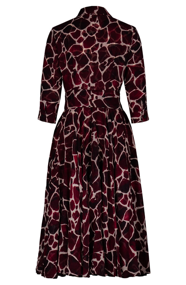 Aster Dress Shirt Collar 3/4 Sleeve Midi Length Wool (Watercolor Giraffe) - Ivory Burgundy