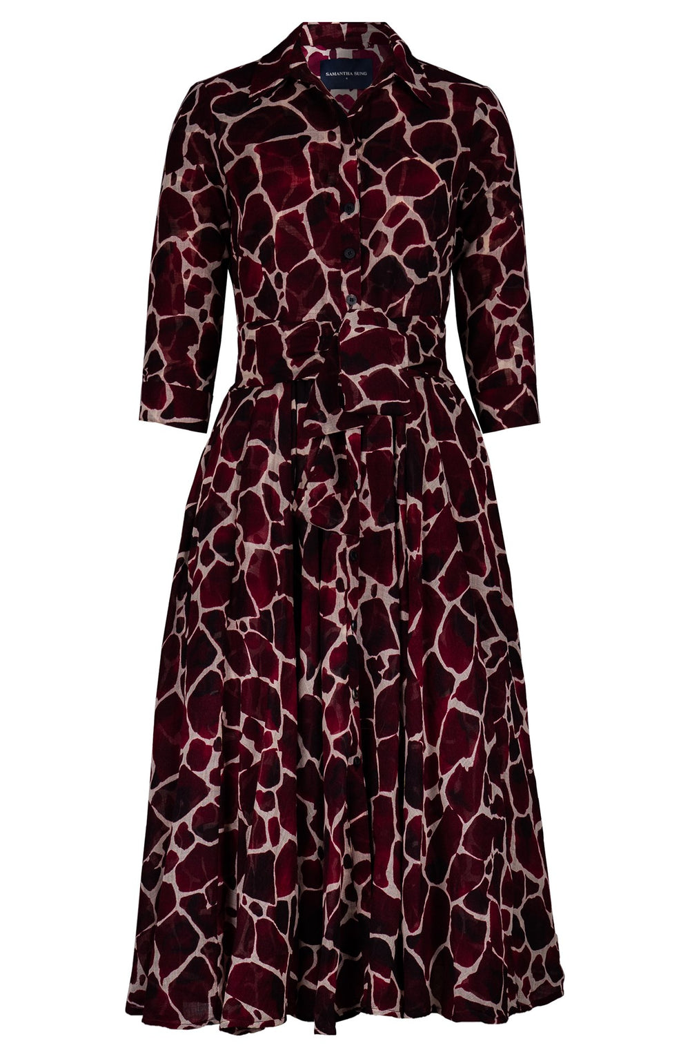 Aster Dress Shirt Collar 3/4 Sleeve Midi Length Wool (Watercolor Giraffe) - Ivory Burgundy