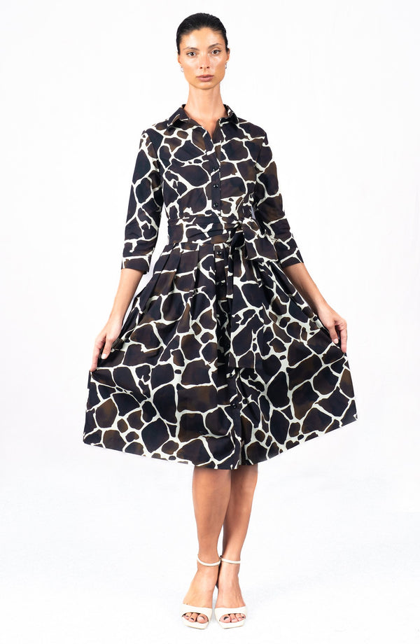 Audrey Dress #1 Shirt Collar 3/4 Sleeve Long Length Cotton Stretch (Watercolor Giraffe)