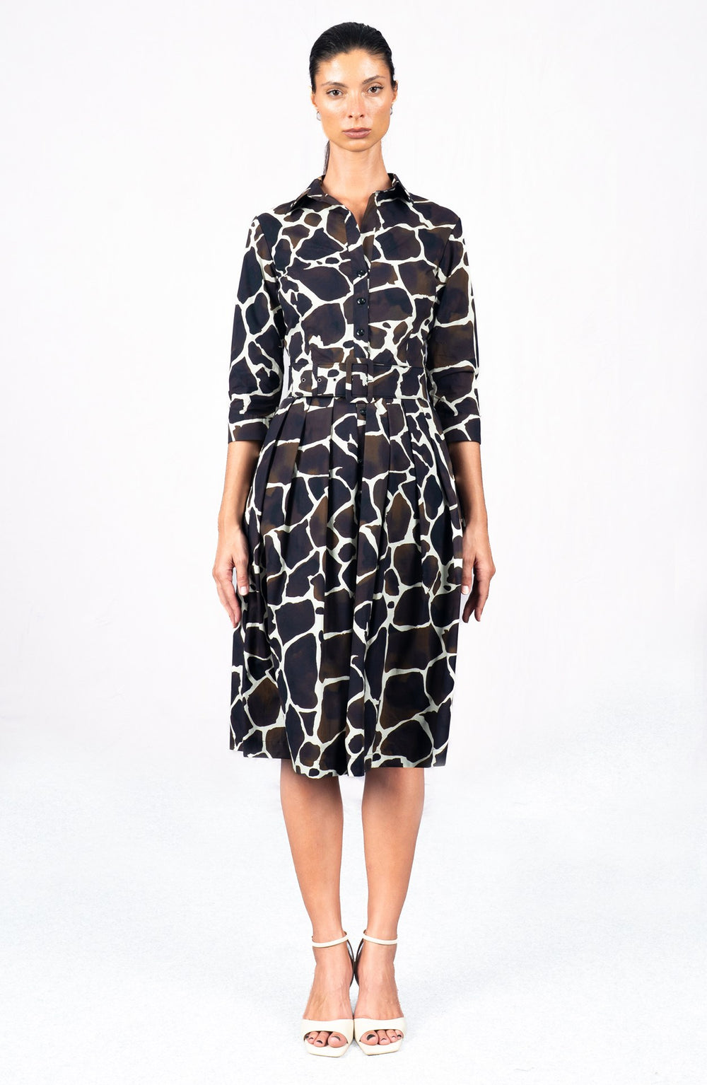 Audrey Dress #1 Shirt Collar 3/4 Sleeve Long Length Cotton Stretch (Watercolor Giraffe)