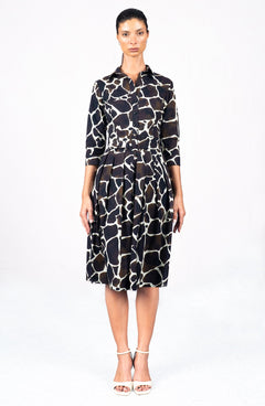 Audrey Dress #1 Shirt Collar 3/4 Sleeve Long Length Cotton Stretch (Watercolor Giraffe)