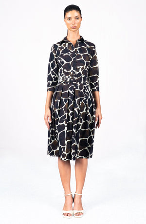 Audrey Dress #1 Shirt Collar 3/4 Sleeve Long Length Cotton Stretch (Watercolor Giraffe)