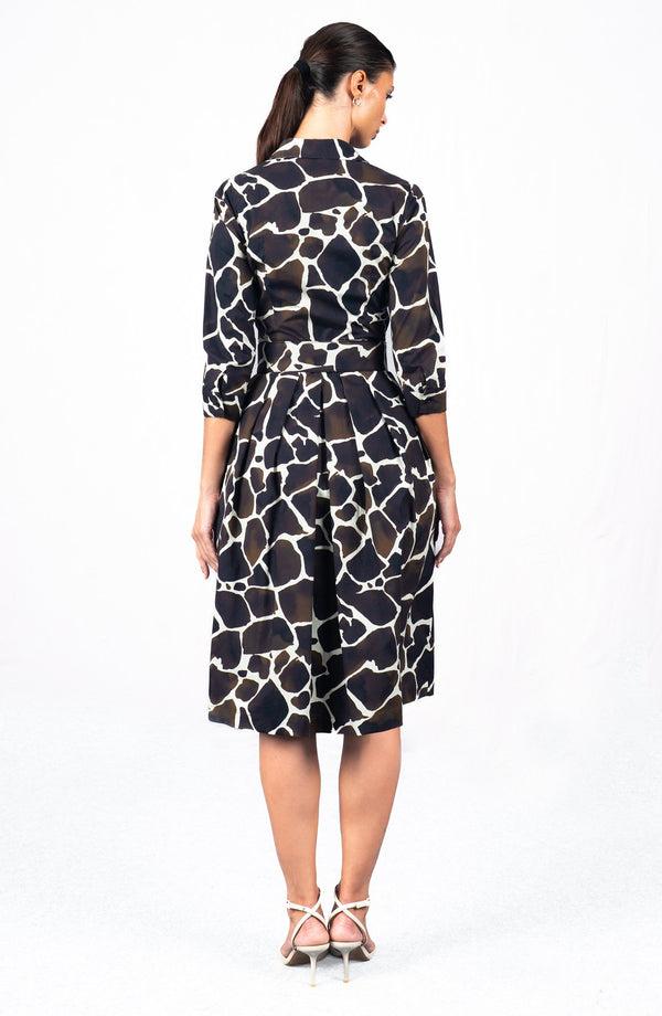 Audrey Dress #1 Shirt Collar 3/4 Sleeve Long Length Cotton Stretch (Watercolor Giraffe)