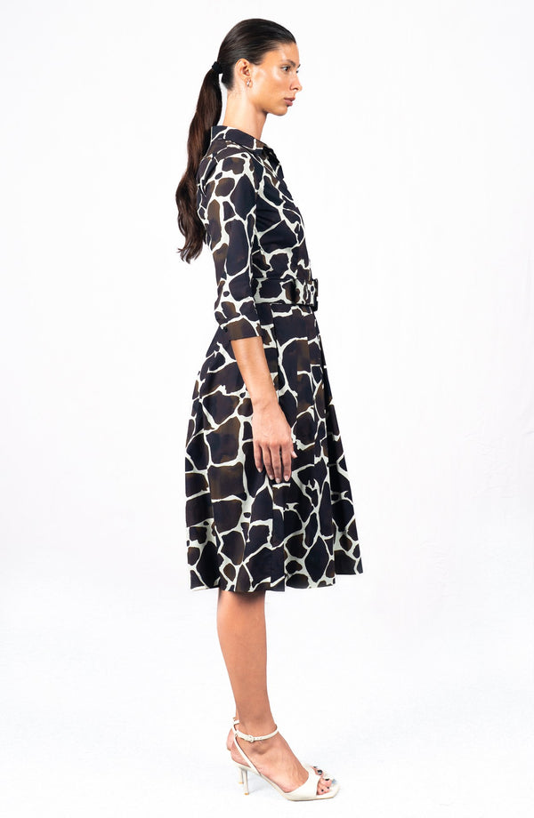 Audrey Dress #1 Shirt Collar 3/4 Sleeve Long Length Cotton Stretch (Watercolor Giraffe)