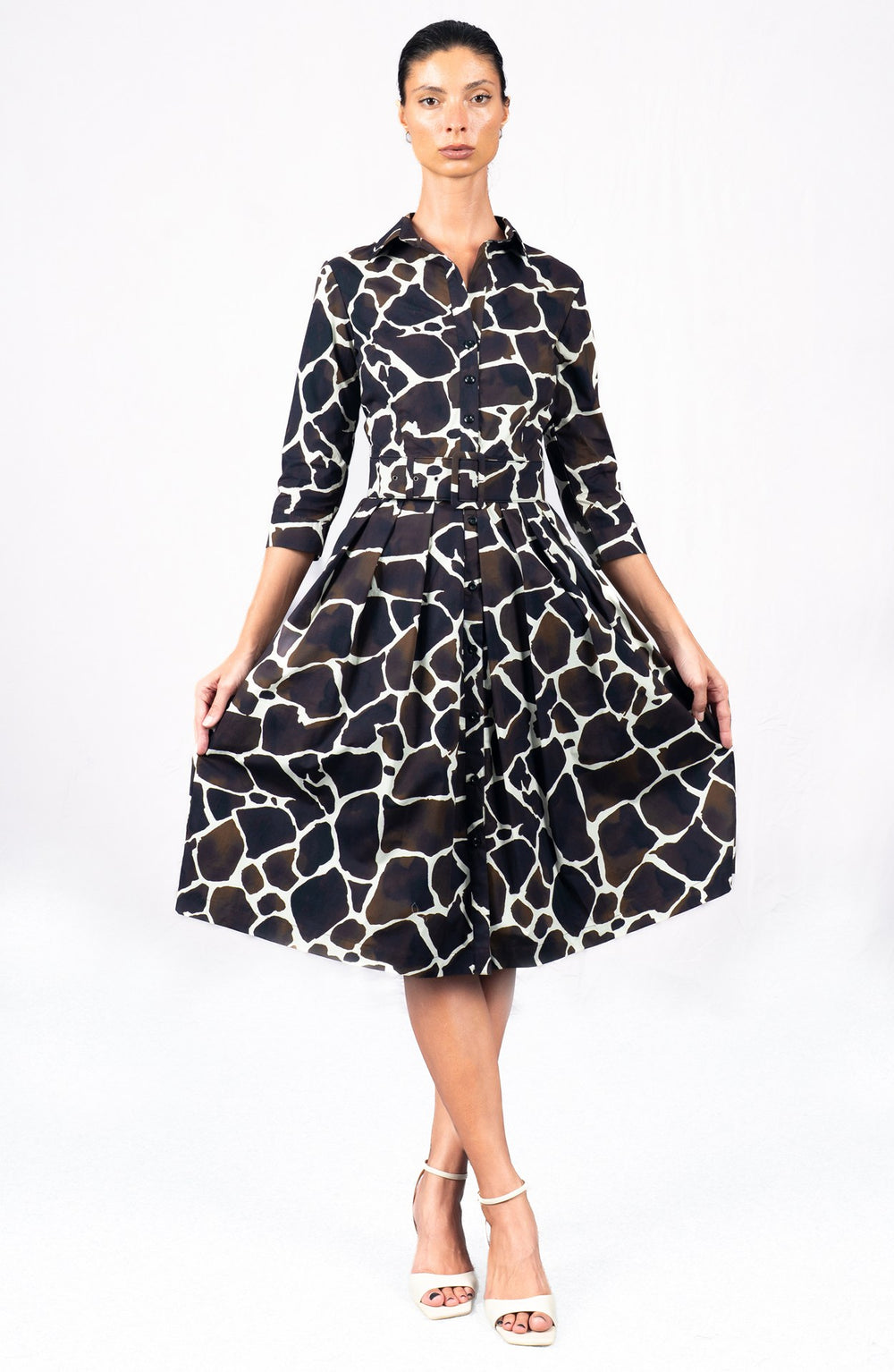 Audrey Dress #1 Shirt Collar 3/4 Sleeve Long Length Cotton Stretch (Watercolor Giraffe)
