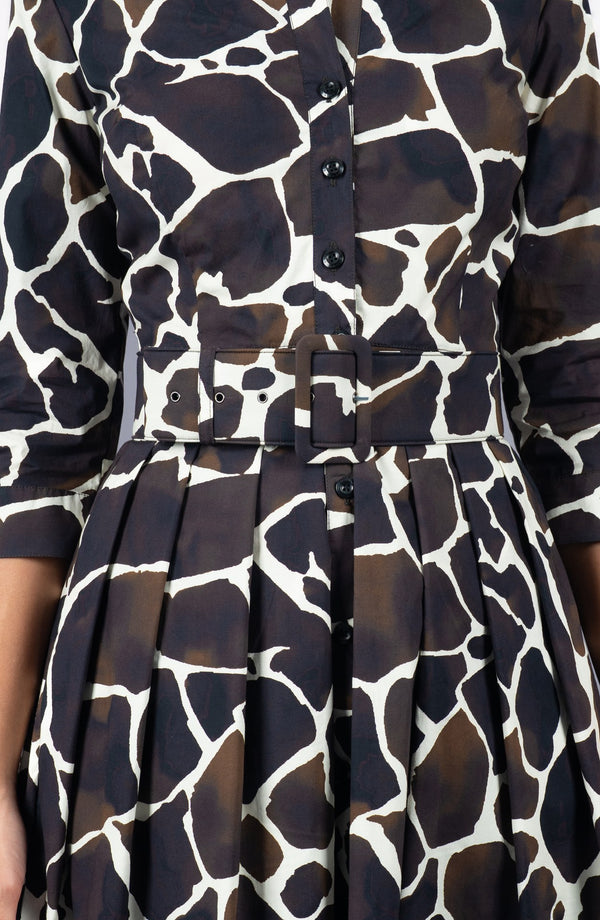 Audrey Dress #1 Shirt Collar 3/4 Sleeve Long Length Cotton Stretch (Watercolor Giraffe)