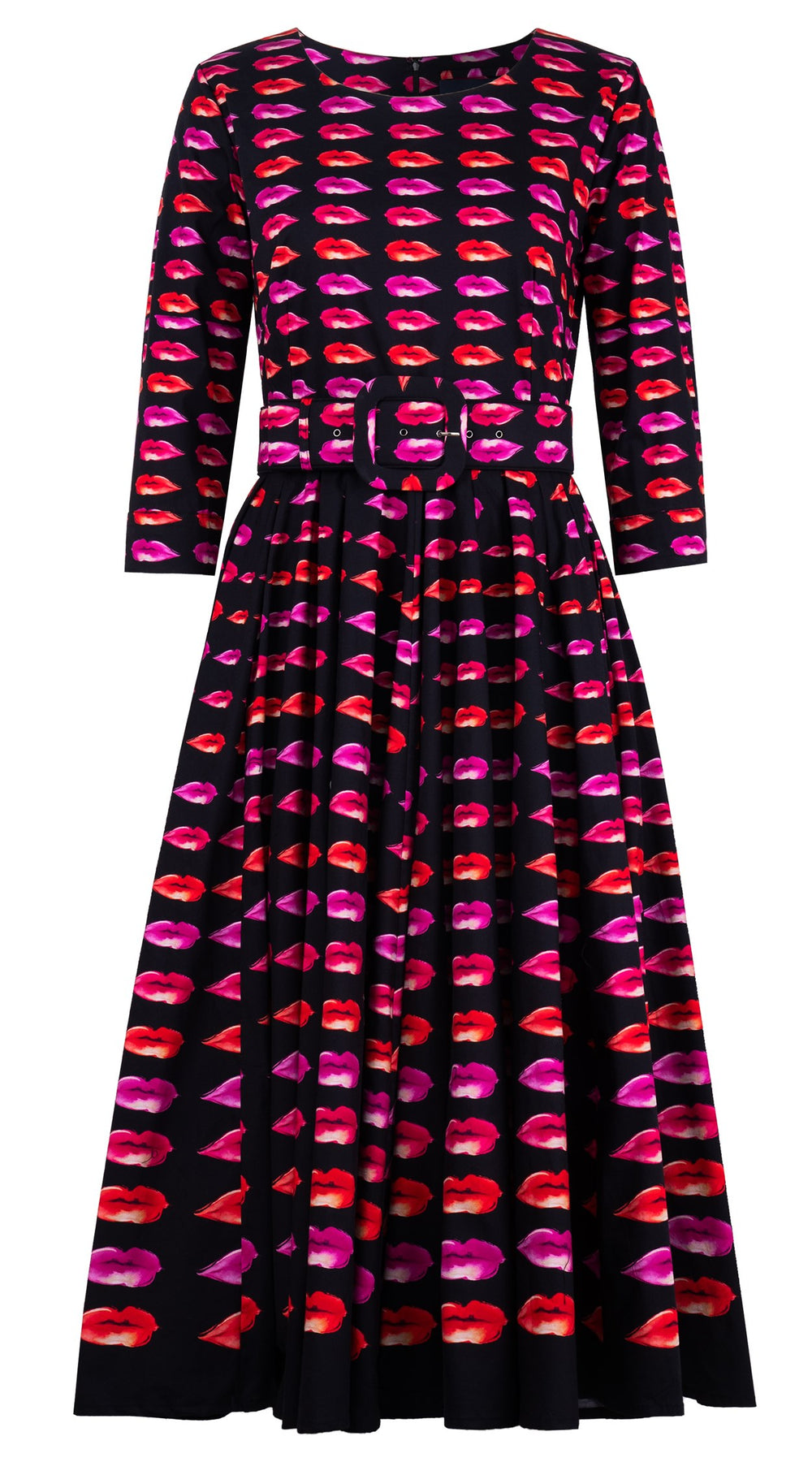 Abelia Dress Round Neck 3/4 Sleeve Midi Length Cotton Stretch (Watercolor Lips)