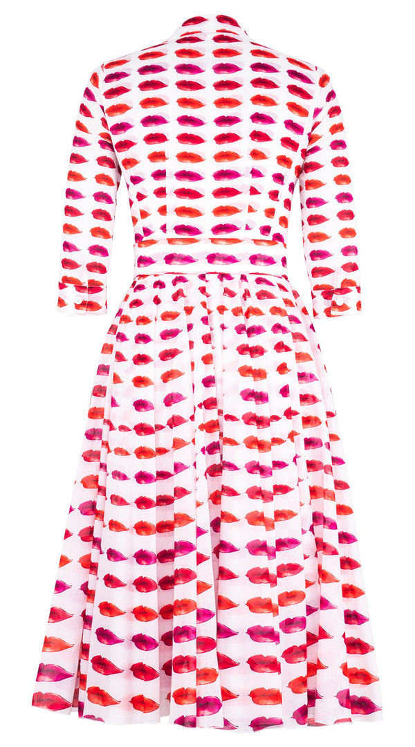 Aster Dress Shirt Collar 3/4 Sleeve Midi Length Cotton Musola (Watercolor Lips)