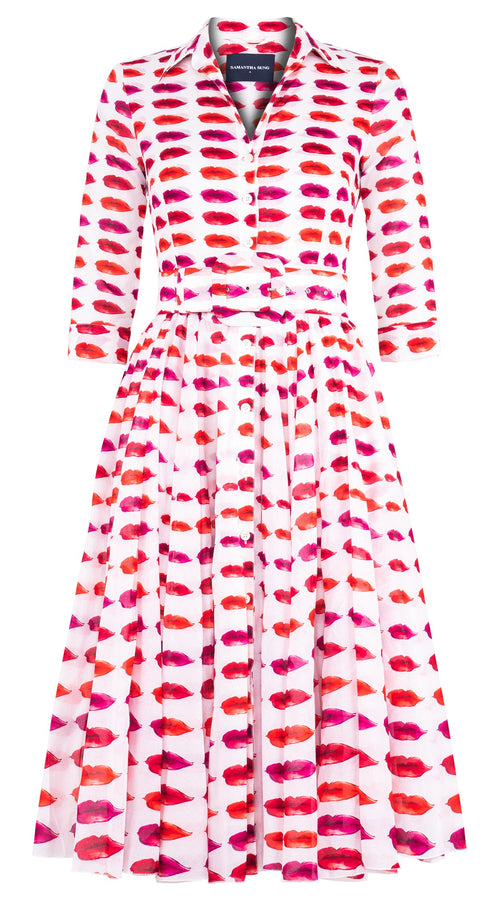 Aster Dress Shirt Collar 3/4 Sleeve Midi Length Cotton Musola (Watercolor Lips)