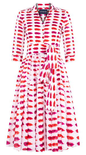 Aster Dress Shirt Collar 3/4 Sleeve Midi Length Cotton Musola (Watercolor Lips)