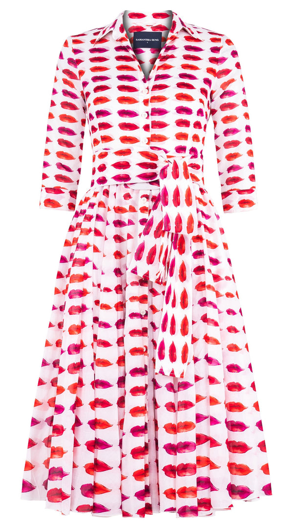 Aster Dress Shirt Collar 3/4 Sleeve Midi Length Cotton Musola (Watercolor Lips)