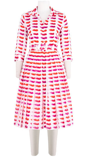 Audrey Dress #4 Shirt Collar 3/4 Sleeve Long Length Cotton Musola (Watercolor Lips)
