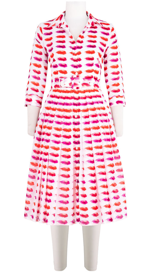 Audrey Dress #4 Shirt Collar 3/4 Sleeve Long Length Cotton Musola (Watercolor Lips)