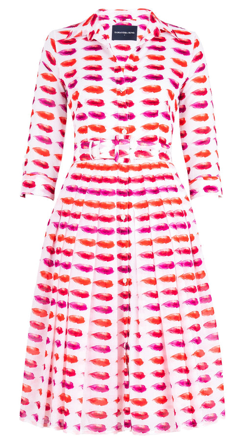 Audrey Dress #4 Shirt Collar 3/4 Sleeve Long Length Cotton Musola (Watercolor Lips)