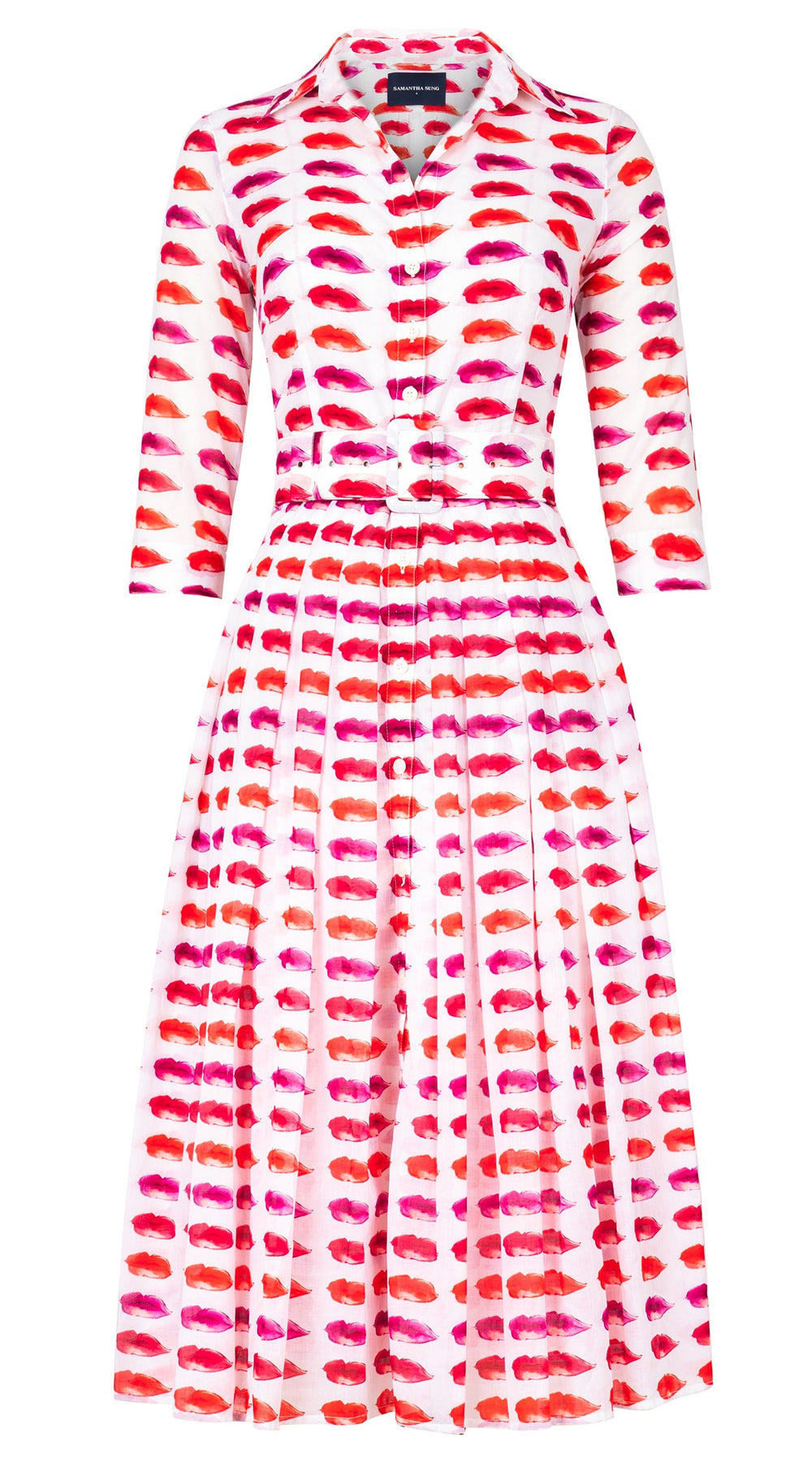 Audrey Dress #4 Shirt Collar 3/4 Sleeve Midi Length Cotton Musola (Watercolor Lips)